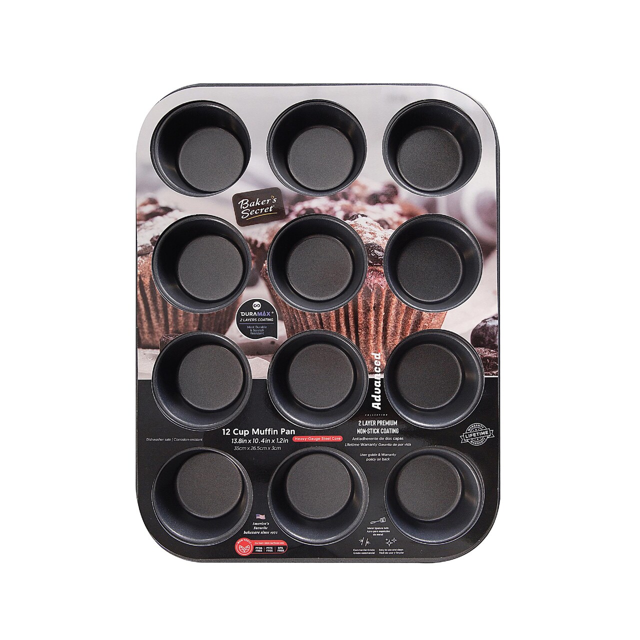 Baker's Secret 12cup Muffin Pan Cupcake Nonstick Pan - Carbon Steel Pan Muffins Cupcakes 2 Layers Non Stick Coating Easy Release Dishwasher Safe DIY Bakeware Baking Supplies - Advanced Collection